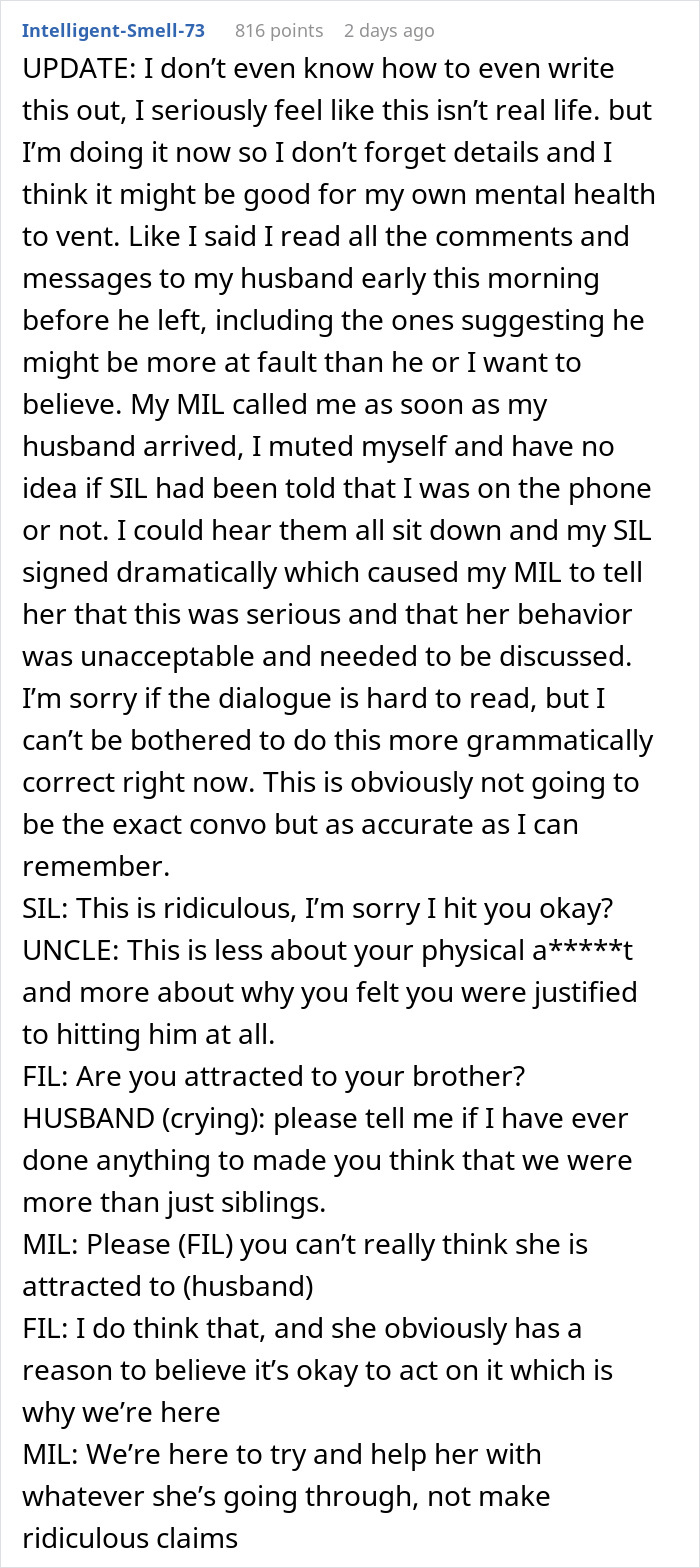 Text post about family intervention addressing a woman's obsession with her brother causing hospitalization and revealing uncomfortable truth.