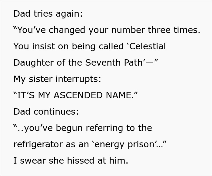 Text conversation showing sister&rsquo;s barefoot spiritual advisor causing chaos by insisting on ascended name at Thanksgiving.
