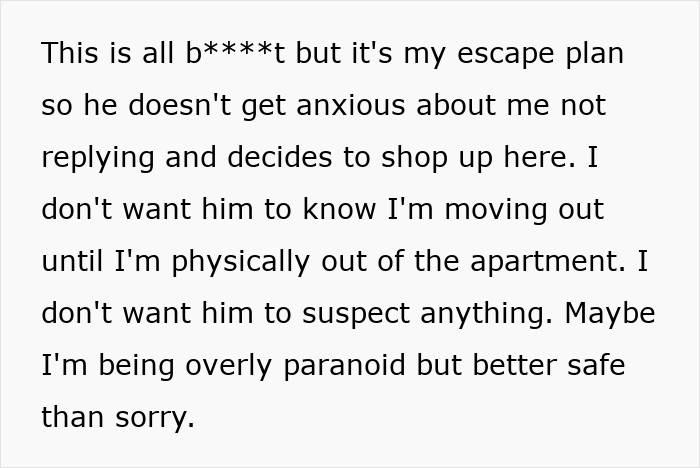 Text from a personal story about planning an escape and hiding intentions from a controlling boyfriend demanding laser removal of body hair.