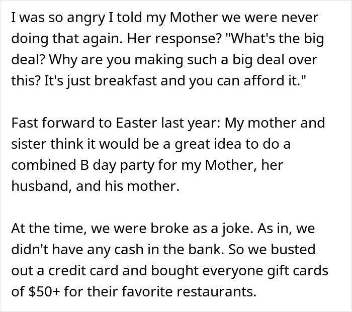 Text excerpt describing a brother who makes his brother-in-law pay for dinner during a family birthday party event.