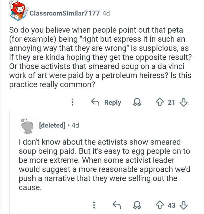 Screenshot of an online discussion about activists and controversies related to veganism and discrediting tactics.