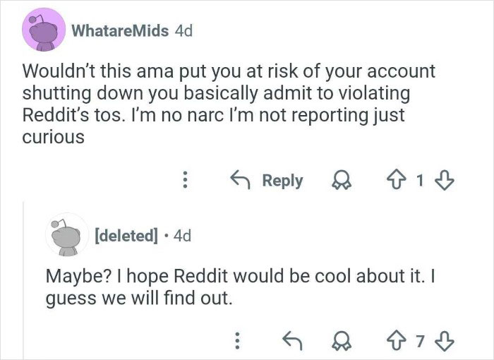 Reddit conversation about risks of account shutdown linked to discrediting veganism online in AMA discussion.