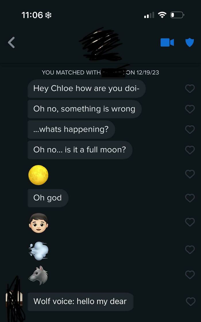Hilarious text conversation with emojis about a full moon and a funny wolf voice message in a chat thread.