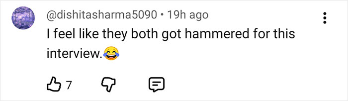Comment from user dishitasharma5090 reacting humorously to an interview, referencing Sydney Sweeney and a lie detector test controversy.