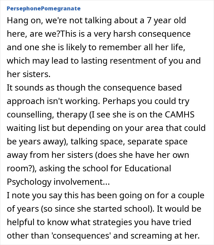 Comment discussing a mom’s harsh punishment for a 7-year-old and suggesting therapy and counseling advice. Comment discussing a mom’s harsh punishment for a 7-year-old and suggesting therapy and counseling advice.