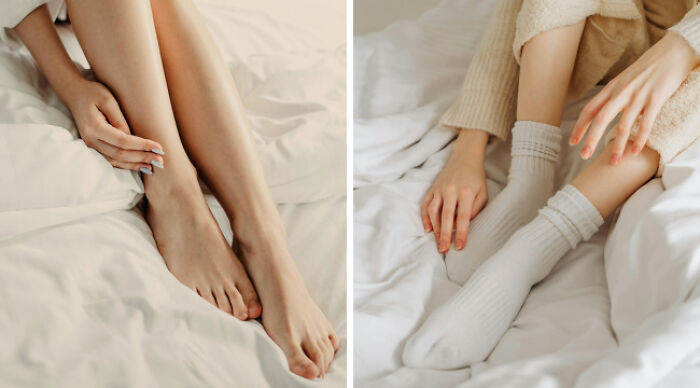 Comparison of school uniforms and casual wear showing bare feet versus cozy socks on a bed in a relaxed setting