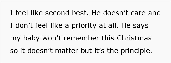Text expressing feelings of being heartbroken and unimportant as hubby ditches wife and baby on Christmas.