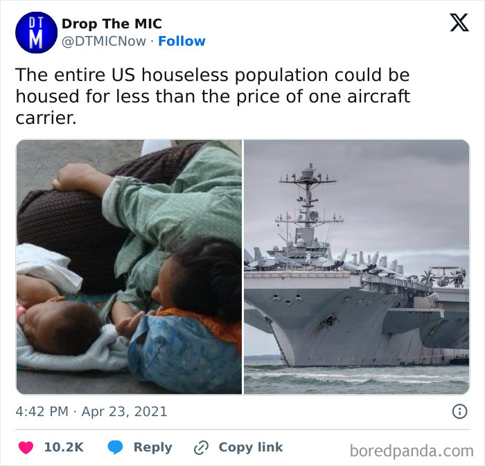 Homeless family resting beside infant on left, aircraft carrier ship docked on right illustrating weird math problem.