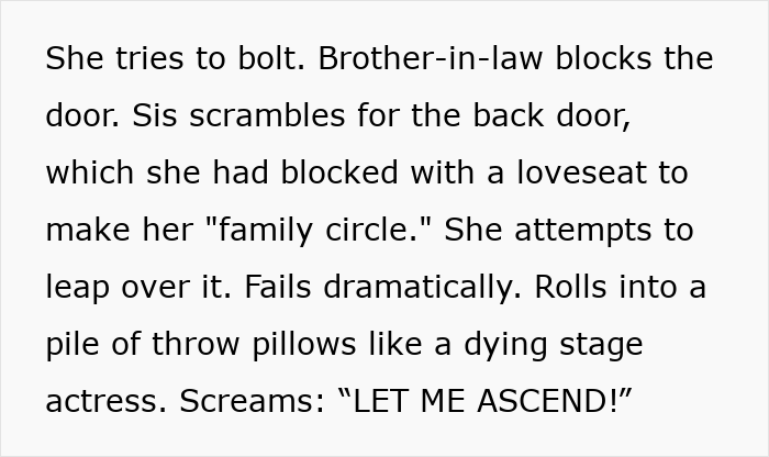 Sister&rsquo;s barefoot spiritual advisor causes chaos at Thanksgiving, tries to escape, blocked by brother-in-law, ends in dramatic fall.