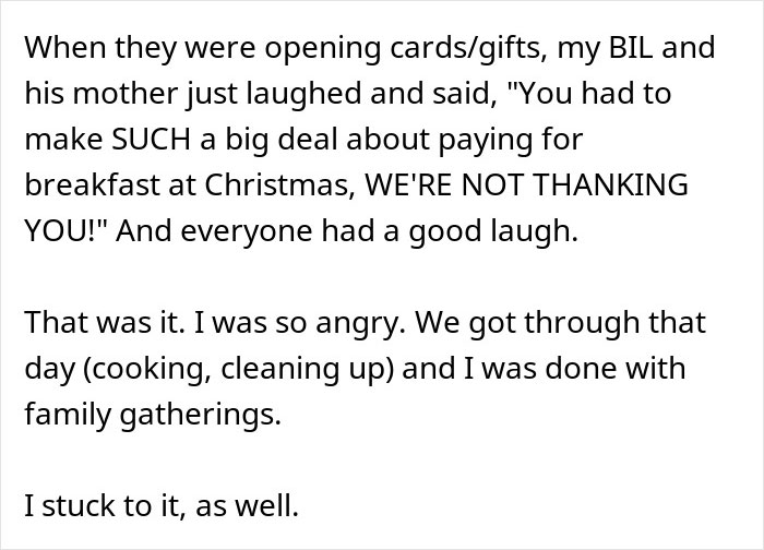 Text excerpt showing frustration after brother-in-law makes a big deal about paying for dinner at family Christmas.