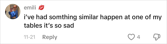 Social media comment sharing a sad story about a waiter serving a first date disaster at a restaurant. Social media comment sharing a sad story about a waiter serving a first date disaster at a restaurant.