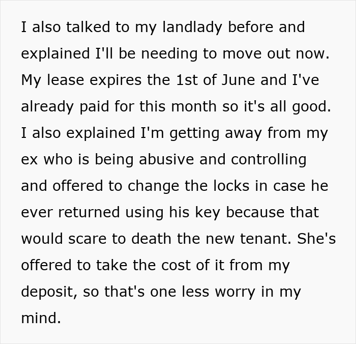 Text excerpt about moving out due to a*****e ex, related to body hair dispute and getting destroyed online.