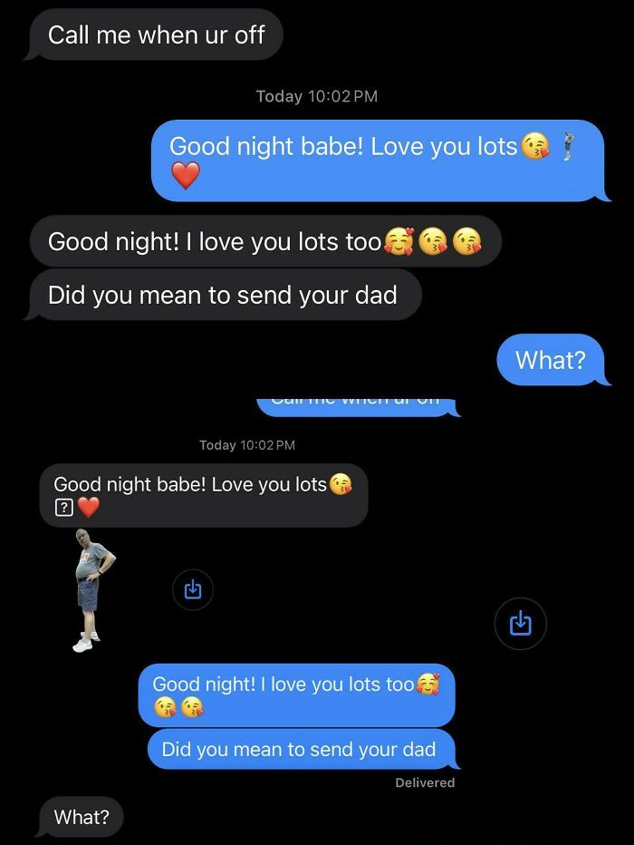 Text exchange showing a hilarious mistaken text involving love messages and an accidental photo of a dad.