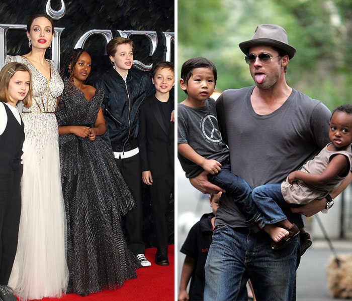 Angelina Jolie con sus hijos en evento y Brad Pitt jugando con sus hijos, hijos de celebridades y famosos públicamente distanciados.