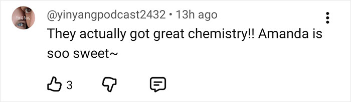 Comment from yinyangpodcast2432 praising Amanda's chemistry, related to Sydney Sweeney lie detector test controversy.