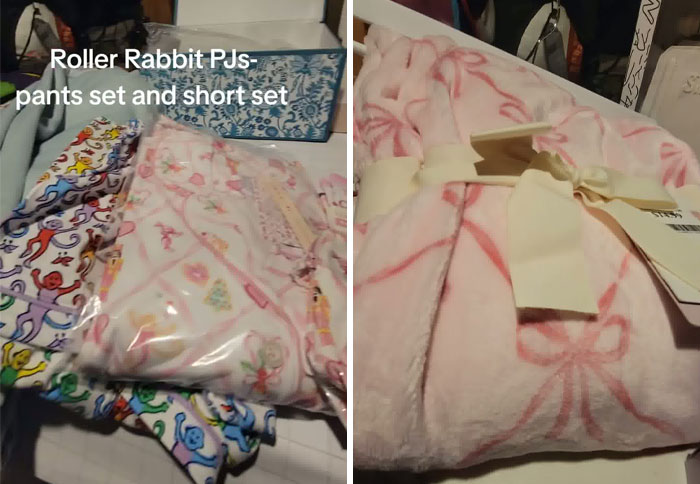 Assorted colorful Roller Rabbit PJ sets and a soft pink robe with a bow, part of a Christmas gift haul for daughter. Assorted colorful Roller Rabbit PJ sets and a soft pink robe with a bow, part of a Christmas gift haul for daughter.