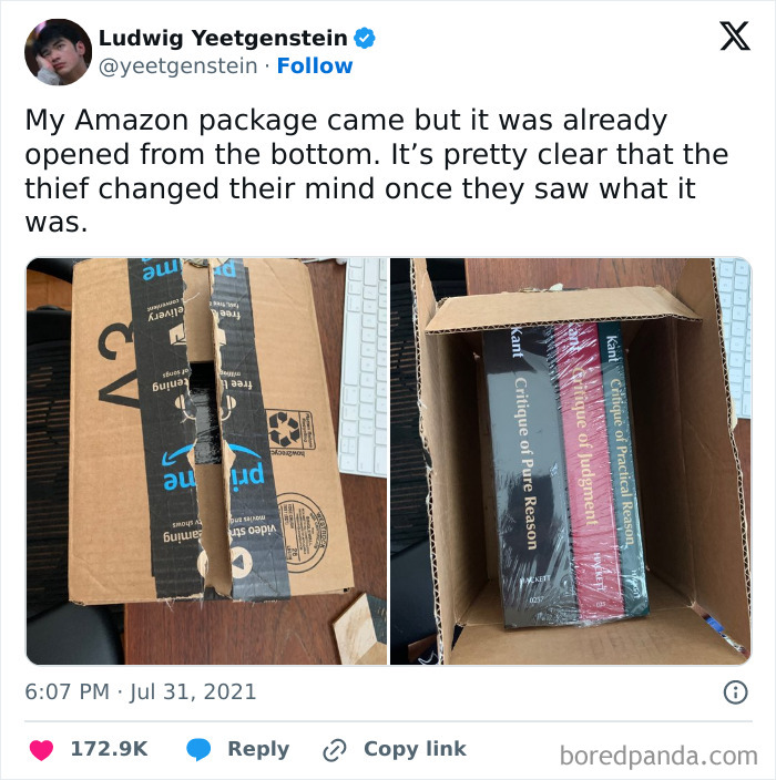 Image of an opened Amazon package revealing philosophy books inside, illustrating intellectual philosophy memes humor.