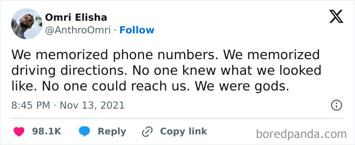 Tweet by Omri Elisha humorously recalling times before phones with memorized numbers and directions, perfect for hilarious memes.