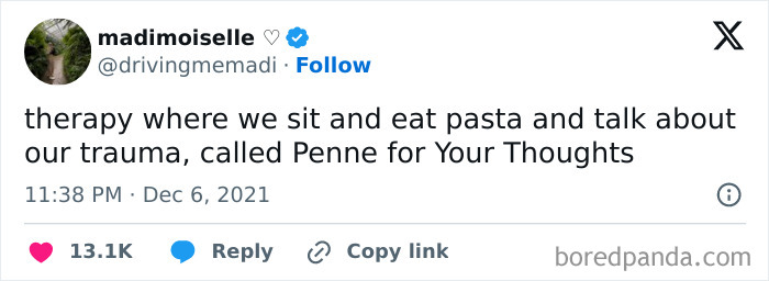 Tweet humor about therapy with the pun "Penne for Your Thoughts," combining pasta and trauma jokes.