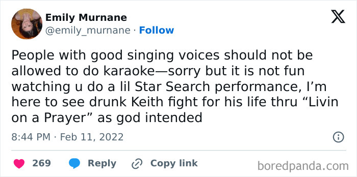 Tweet about karaoke and funny chaotic non-political moments that made the internet feel fun again.