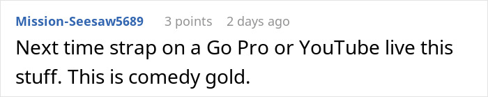 Comment on Reddit post praising barefoot spiritual advisor causing chaos at Thanksgiving, calling it comedy gold.