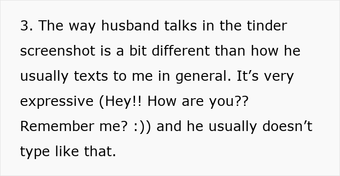 Text excerpt analyzing differences in husband&rsquo;s Tinder messages, revealing signs of cheating and ex-girlfriend drama.