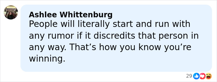 Comment by Ashlee Whittenburg about rumors and winning, displayed in a social media style text box.