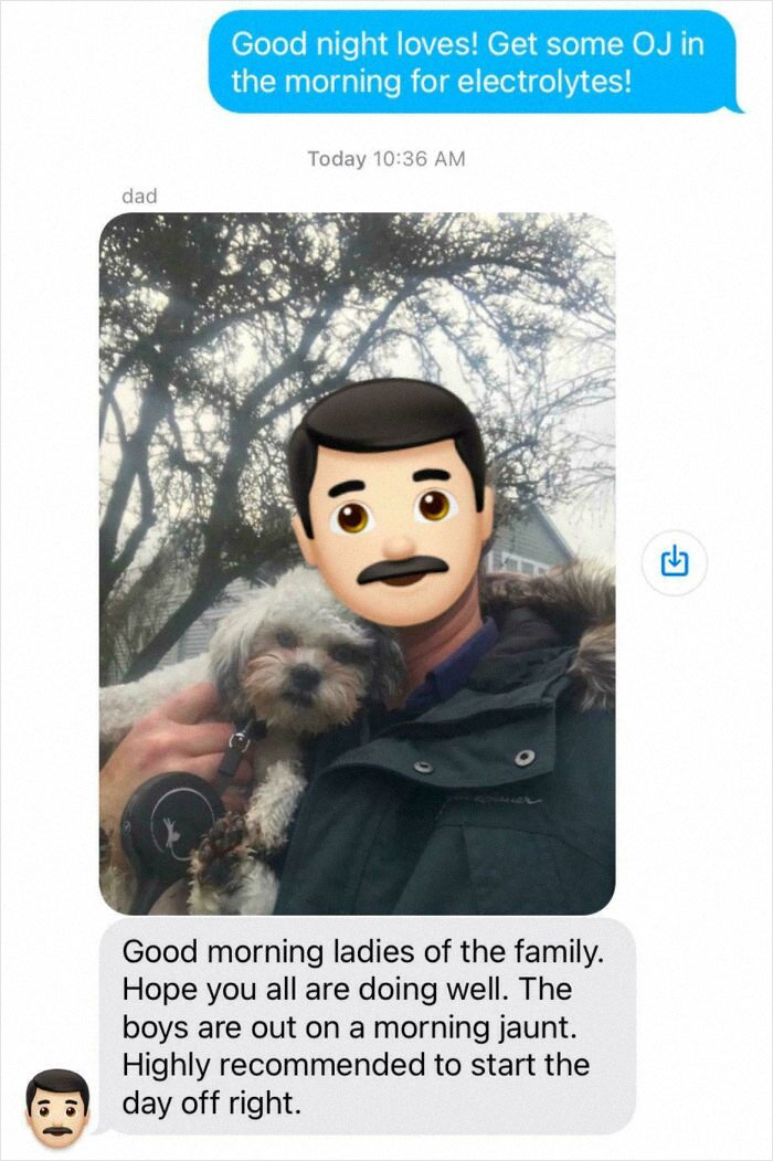 Hilarious text message from dad with a selfie holding a dog, sharing a morning jaunt update and family greeting.