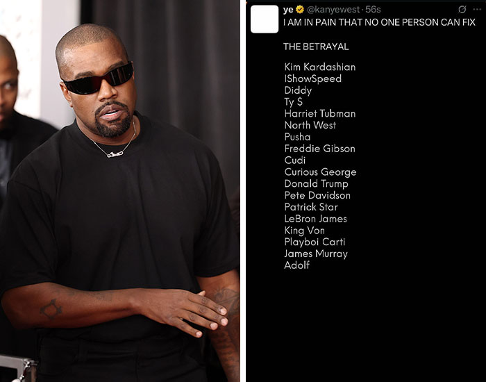 Kanye West wearing black sunglasses and shirt, appearing serious amid major celebrity scandals in 2025.
