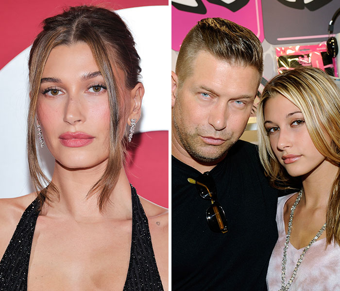 Hailey Bieber posando en evento público y pareja famosa en fotografía antigua con altares de hijos de celebridades.