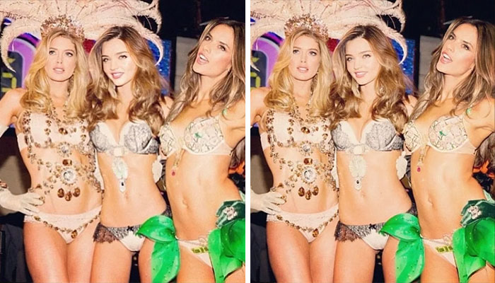 Three women in elaborate costumes posing together, showcasing bizarre details noticed in celebrity photos.