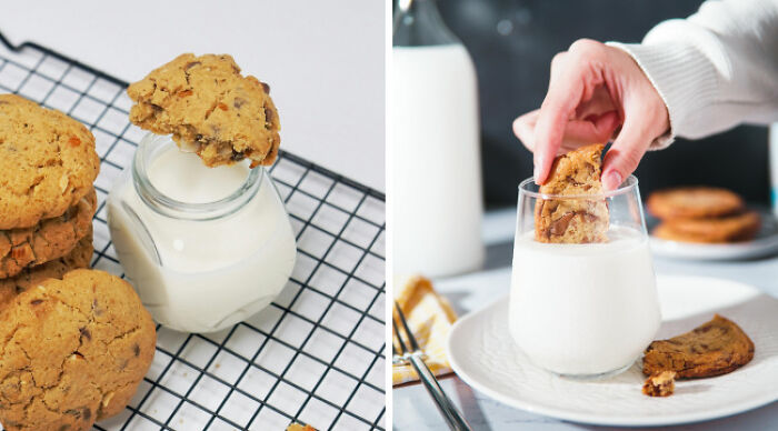 Chocolate chip cookies next to a glass of milk, illustrating a casual snack setting for school uniforms vs casual wear debate.