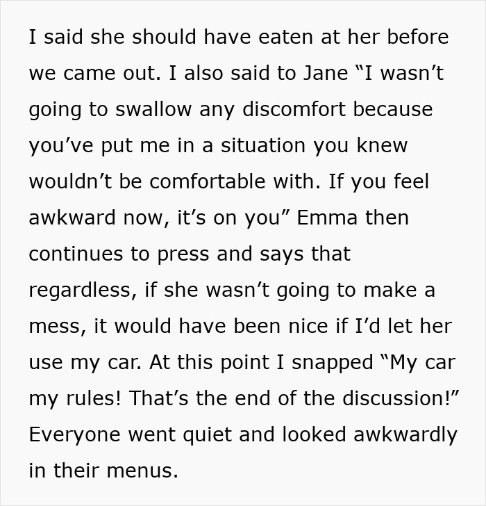 Text excerpt showing a woman not giving in to social pressure from coworkers despite the awkward situation. Text excerpt showing a woman not giving in to social pressure from coworkers despite the awkward situation.