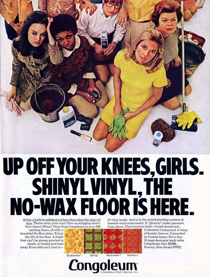 Vintage ad showing women cleaning, promoting shiny vinyl no-wax flooring as part of retro marketing history.