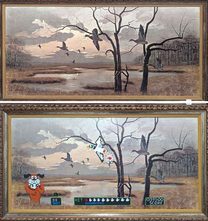 Thrifted painting personalized with funny hunting dog and pixelated duck hunt game elements added.