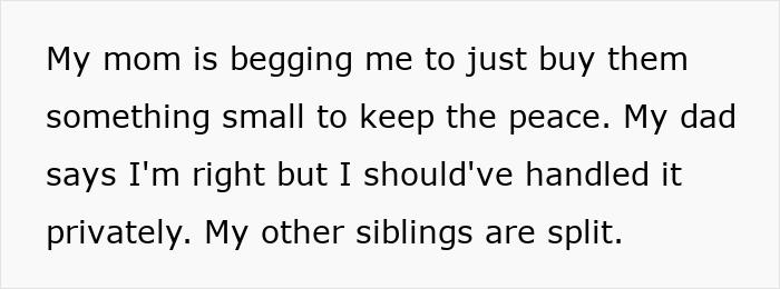 Text conversation about family conflict over no Christmas gifts policy causing backlash from sister and mixed sibling opinions.