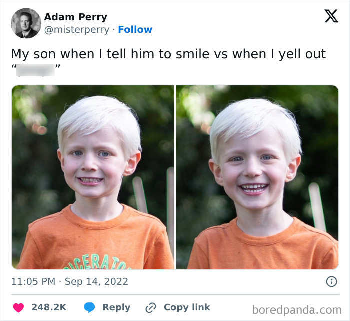 Side-by-side photos of a young boy smiling awkwardly then happily, capturing funny and wholesome dad moments.