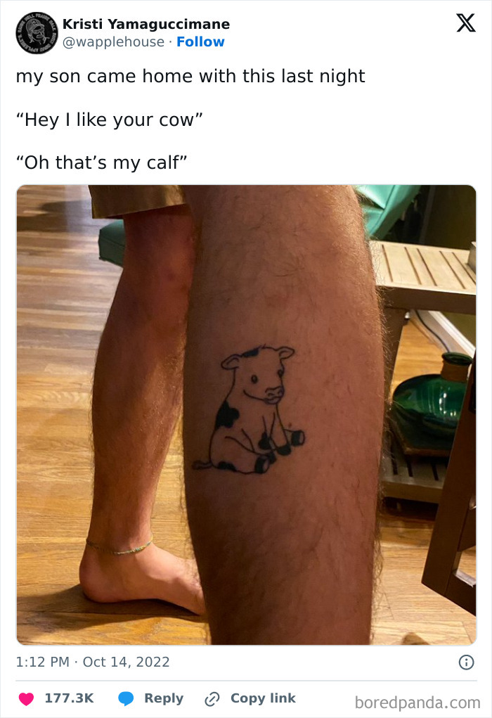 Tattoo of a cartoon calf on a man's leg illustrating a dad joke about cow and calf, part of funniest dad jokes collection.