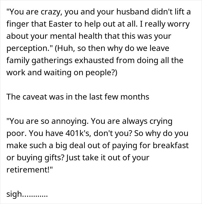 Text showing a brother criticizing his sibling about money and making the brother pay for dinner in family disputes.