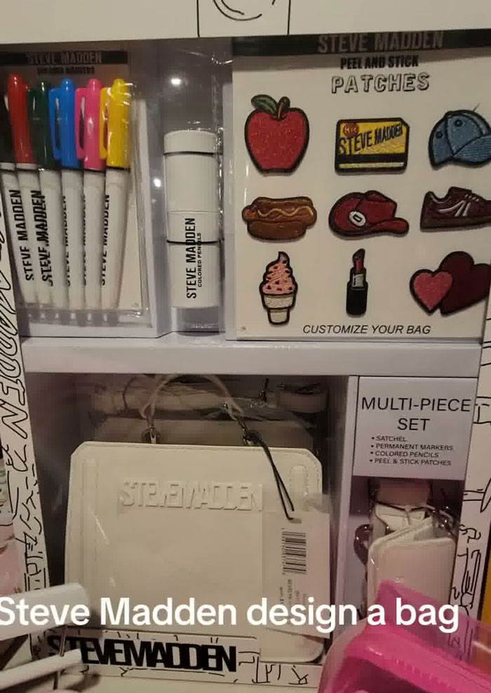 Steve Madden multi-piece set with bag, markers, and peel and stick patches in a Christmas gift haul for daughter. Steve Madden multi-piece set with bag, markers, and peel and stick patches in a Christmas gift haul for daughter.