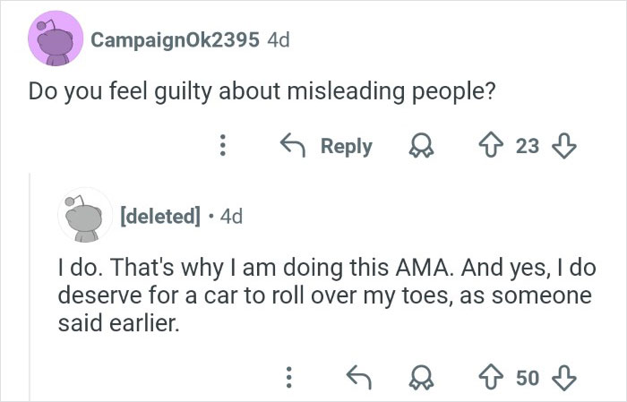 Online conversation revealing an ex-employee discussing guilt while discrediting veganism in a public AMA thread.