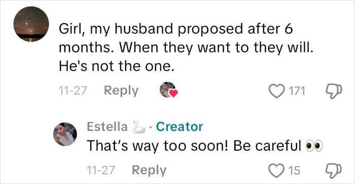 Screenshot of a social media conversation about a woman’s proposal to her boyfriend of 14 years, sparking reactions. Screenshot of a social media conversation about a woman’s proposal to her boyfriend of 14 years, sparking reactions.