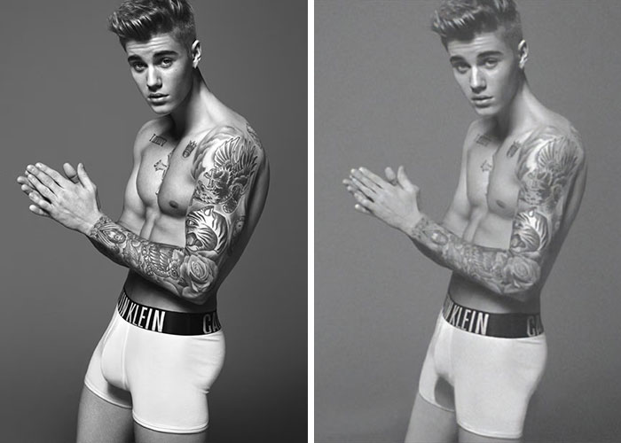 Black and white photos of a tattooed male celebrity in white Calvin Klein underwear highlighting bizarre details in celebrities photos.