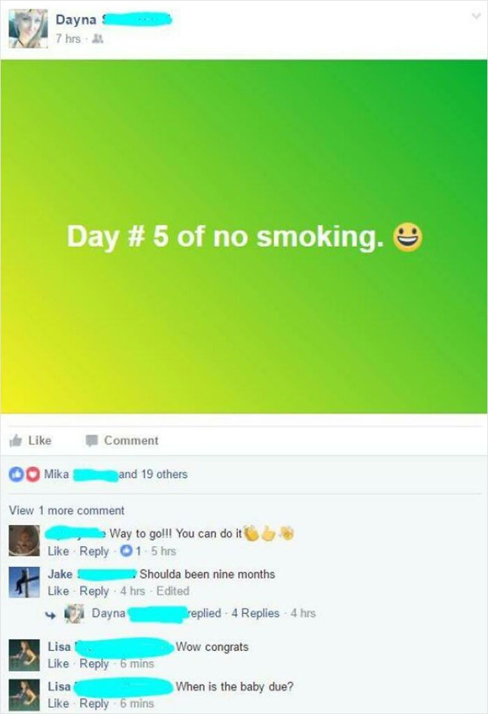 Facebook post about day 5 of no smoking with confusing comments that make people pause and reread.