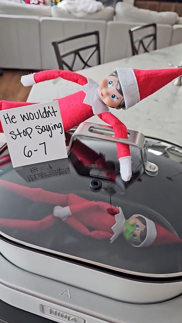Elf on the Shelf doll playfully trapped under a glass lid with a handwritten note, showing holiday mischief ideas.