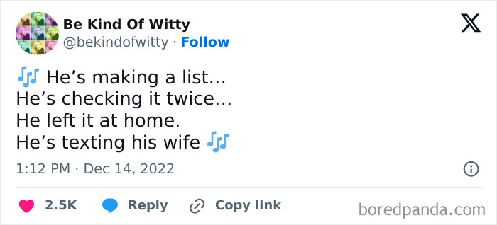 Funny Christmas meme tweet about a man texting his wife instead of checking his list twice during the holidays.