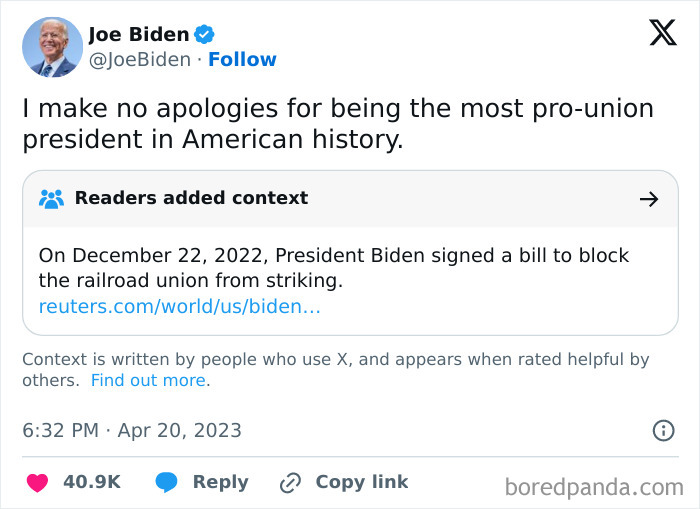 Tweet by Joe Biden discussing union support, illustrating the sad and uninspiring dystopia in current social and political context.