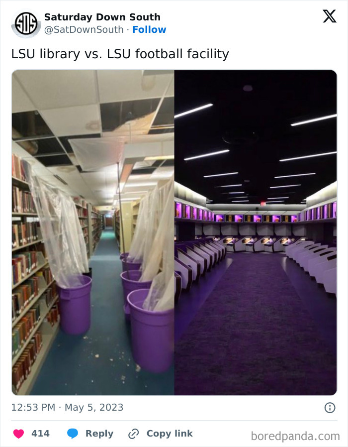 Library shelves left empty with buckets and plastic for leaks versus luxurious LSU football facility reflecting sad uninspiring dystopia.