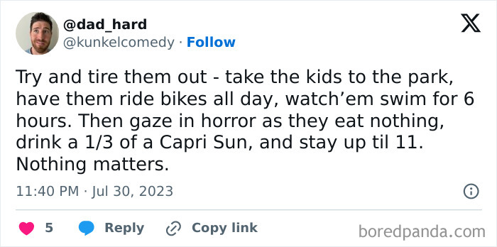 Parent meme about trying to tire out kids with activities but they still stay up late and eat little food.