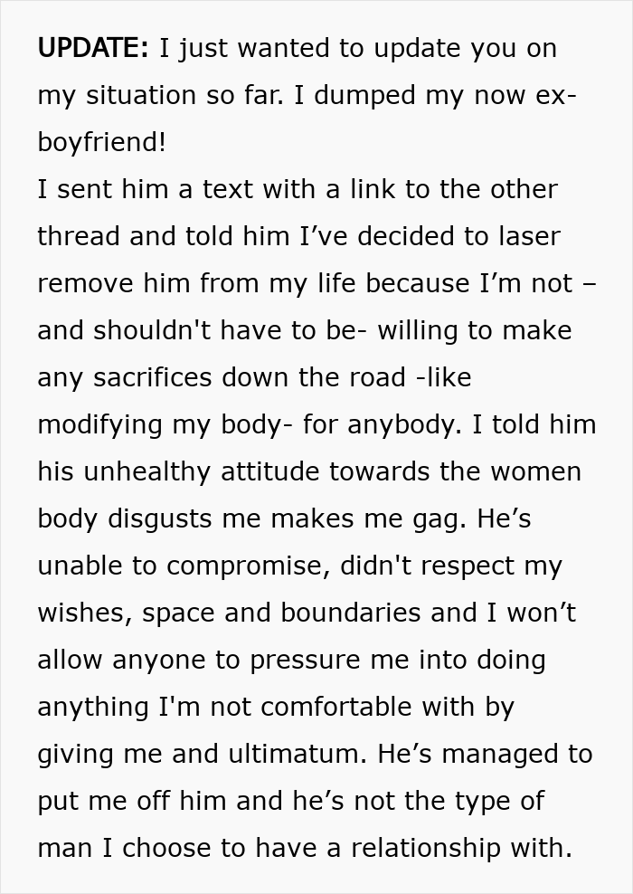 Text update from a woman who dumped her ex-boyfriend after he demanded she laser remove all body hair, highlighting respect and boundaries.